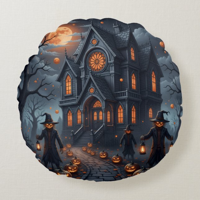 Cojin con diseño de Halloween castillo embrujado Round Cushion (Front)
