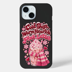 Cold Days Warm Hearts Pink Lattes Christmas iPhone 15 Case