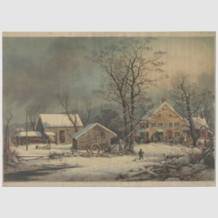Cold Morning Farm Scene Currier & Ives Decoupage Tissue Paper