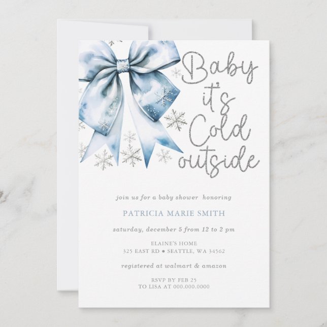 Cold Outside Blue Bow Coquette Boy Baby Shower Invitation (Front)