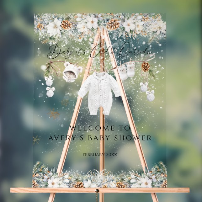 Cold Outside Clothest Line Baby Shower Welcome Acrylic Sign (Neutral)