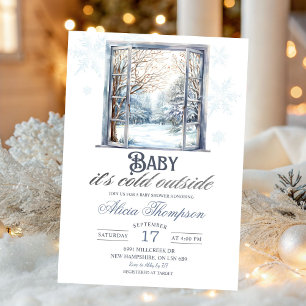 Cold Outside Dusty Blue Window Boy Baby Shower Invitation