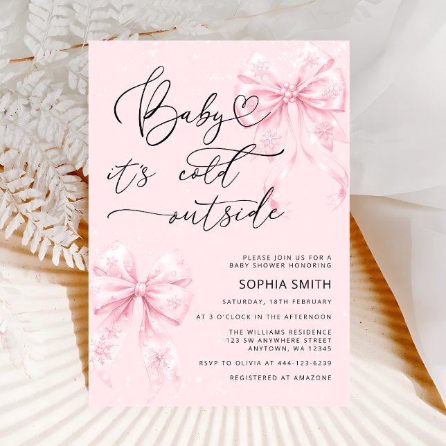 Cold Outside Elegant Pink Bows Girl Baby Shower Invitation (Creator Uploaded)