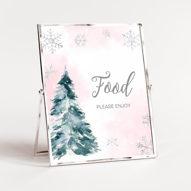 Cold Outside Pink Winter Baby Shower Food Poster (Pink Silver Pine Tree Baby Shower Food Sign)