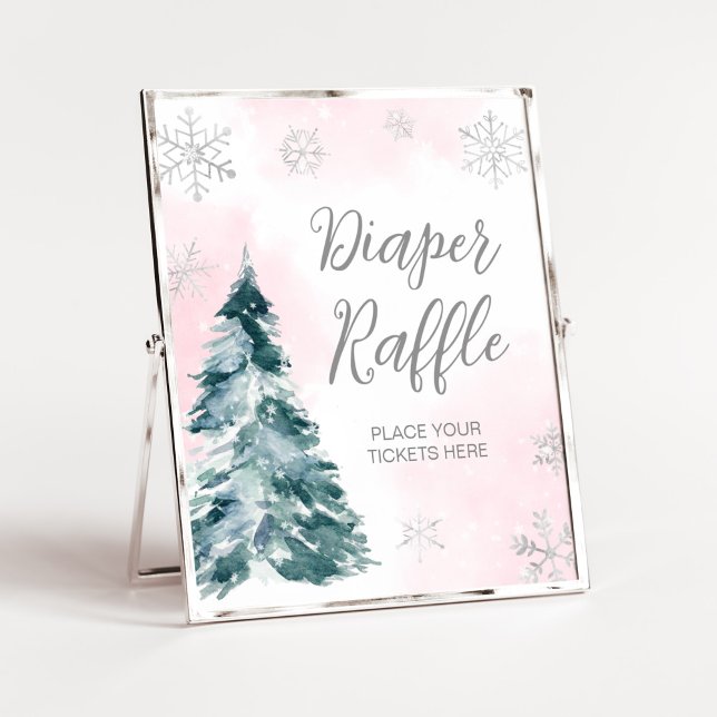 Cold Outside Pink Winter Diaper Raffle Poster (Pink Silver Winter Baby Shower Diaper Raffle Sign)