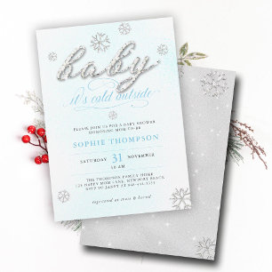 Cold Outside Rhinestones Glitter Boy Baby Shower Invitation