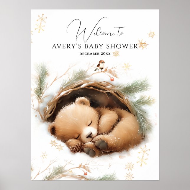Cold Outside Woodland Bear Winter Baby Shower Poster (Front)