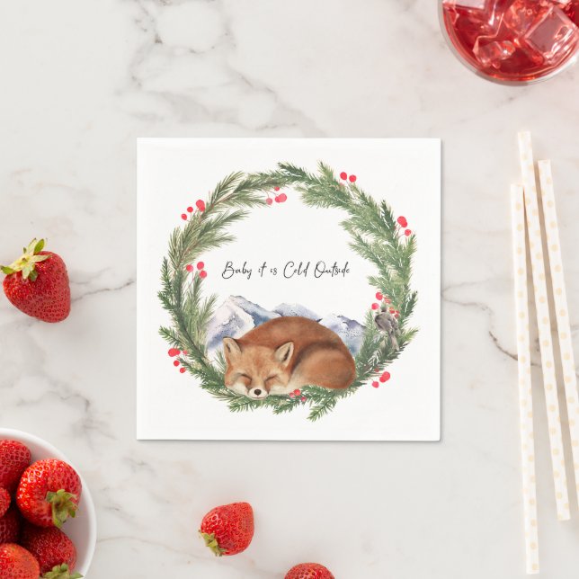 Cold Outside Woodland Fox Winter Baby Shower Napkin (Insitu)