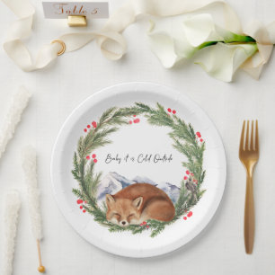 Cold Outside Woodland Fox Winter Baby Shower Paper Plate