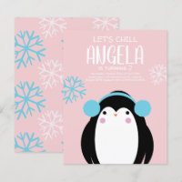 Cold Penguin Snowflakes Winter Birthday Invitation