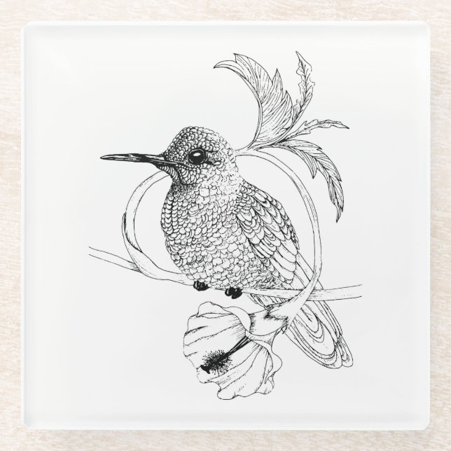 Colibri Bird Illustration Glass Coaster (Front)