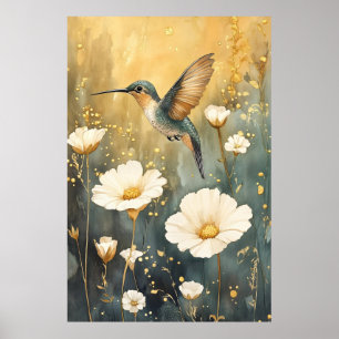 colibri en plein vol au milieu de fleurs blanches poster