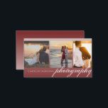 Collage 3-photo Dark Red Ombre Photography Business Card<br><div class="desc">This pretty design showcases 3 photos on the front, a name and business on the front and back, along with plenty of space for professional details on the back. Click the customise button for options for modifying or adding text/photos! Variations of this design, additional colours, as well as coordinating products...</div>