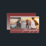 Collage 3-photo Dark Red Ombre Photography Business Card<br><div class="desc">This pretty design showcases 3 photos on the front, a name and business on the front and back, along with plenty of space for professional details on the back. Click the customise button for options for modifying or adding text/photos! Variations of this design, additional colours, as well as coordinating products...</div>