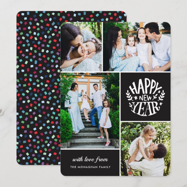 Collage 4 Photo New Year Card | Black (Front/Back)