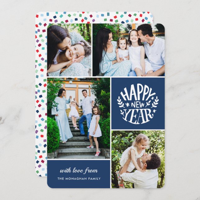 Collage 4 Photo New Year Card | Blue (Front/Back)