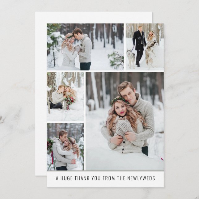 Collage 5 photo Newlyweds Wedding Thank you Card (Front/Back)