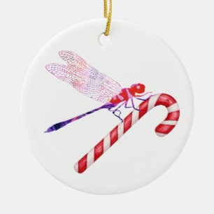 Collage art insect art DRAGONFLY with CANDY CANE Ceramic Tree Decoration