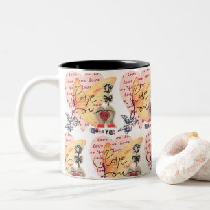Collage Charming Playful Hearts Butterfly Cupid Two-Tone Coffee Mug