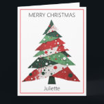 Collage Christmas Tree Card<br><div class="desc">Features a collage Christmas tree in a colour palette of red and green. Personalise with a name on the front,  your own message on the inside,  and your name in the “from” section.</div>