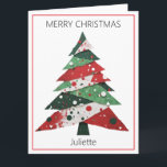 Collage Christmas Tree Card<br><div class="desc">Features a collage Christmas tree in a colour palette of red and green. Personalise with a name on the front,  your own message on the inside,  and your name in the “from” section.</div>