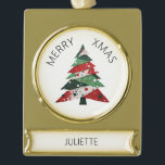 Collage Christmas Tree Gold Plated Banner Ornament<br><div class="desc">Features a collage Christmas tree in a colour palette of red and green. Personalise with a name.</div>