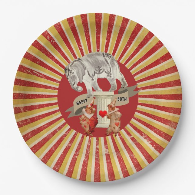 Collage Circus Elephant Vintage Stripe Poster Paper Plate (Front)