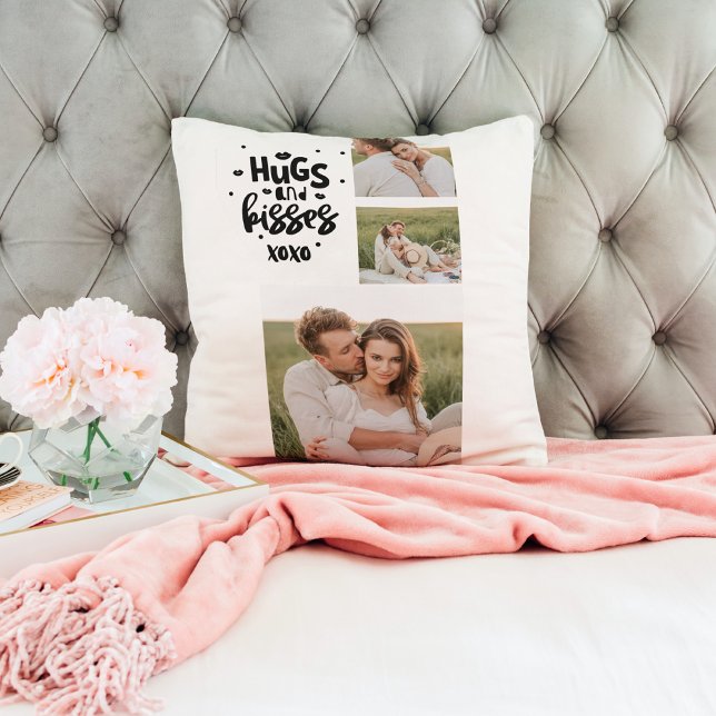 Collage Couple Photo & Hugs And Kisses Phrase Love Cushion (Creator Uploaded)