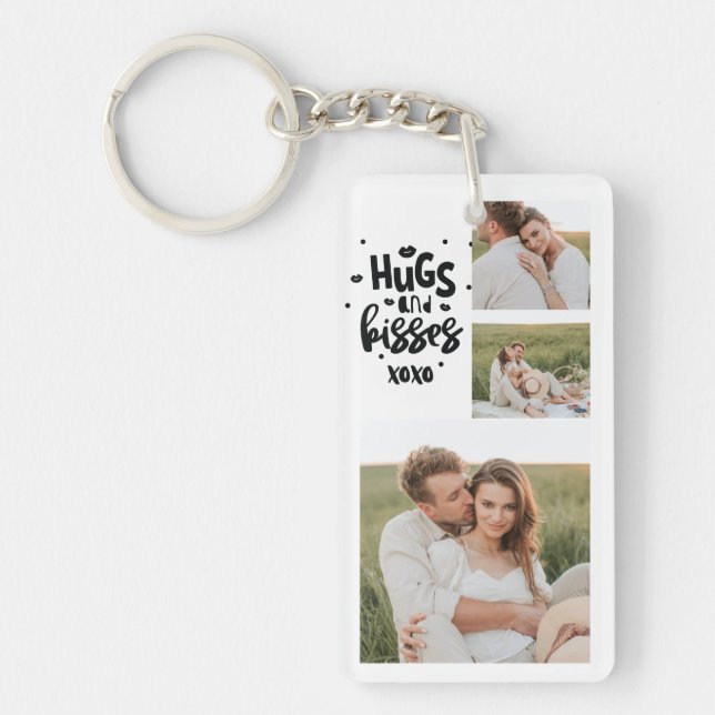 Collage Couple Photo & Hugs And Kisses Phrase Love Key Ring (Front)