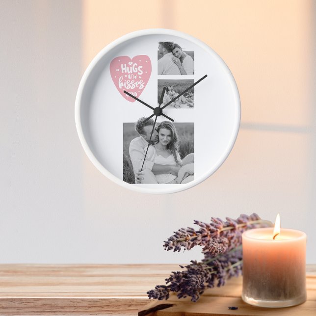 Collage Couple Photo & Hugs And Kisses PInk Heart Clock (Creator Uploaded)