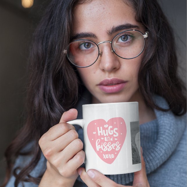 Collage Couple Photo & Hugs And Kisses PInk Heart Mug (Creator Uploaded)