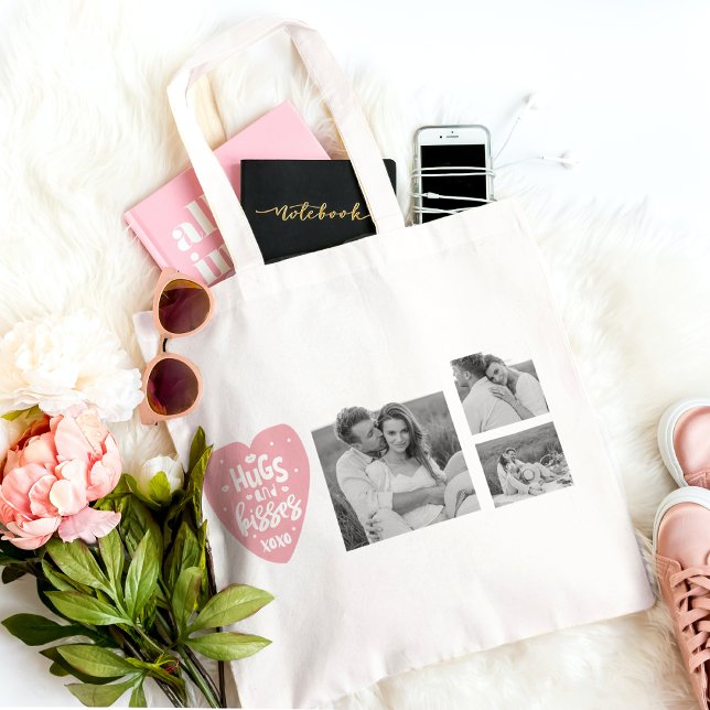 Collage Couple Photo & Hugs And Kisses PInk Heart Tote Bag (Creator Uploaded)