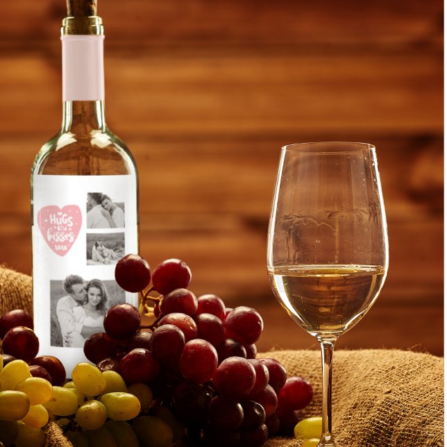 Collage Couple Photo & Hugs And Kisses PInk Heart Wine Label (Creator Uploaded)