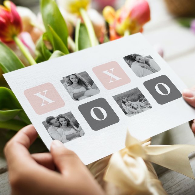 Collage Couple Photo & Pastel Pink & Grey XOXO Holiday Postcard (Creator Uploaded)