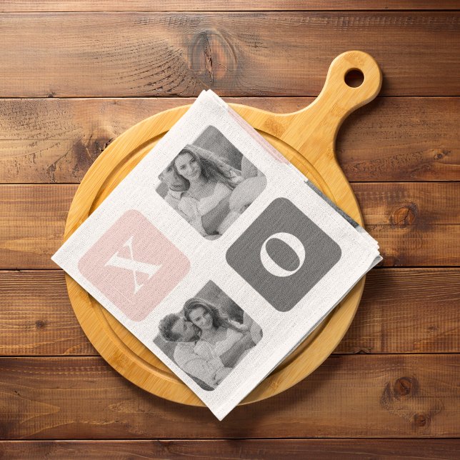 Collage Couple Photo & Pastel Pink & Grey XOXO Tea Towel (Creator Uploaded)