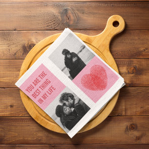 Collage Couple Photo   Valentines Pink & Red Heart Tea Towel