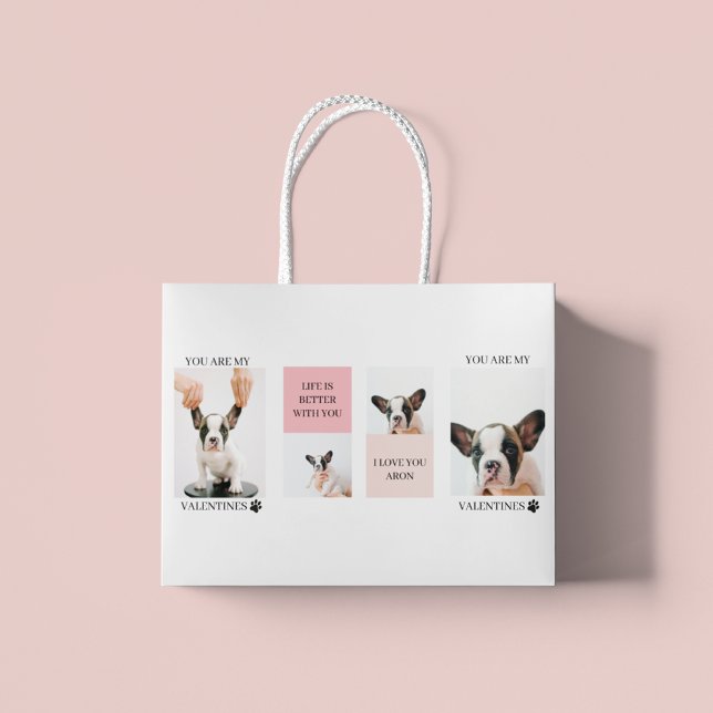 Collage Dog Photos | Dog Is My Valentines | Pink  Large Gift Bag (Creator Uploaded)