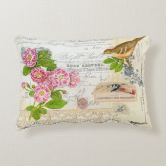 Collage Ephemera pillow with pink rose & bird