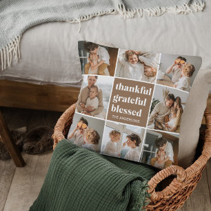 Collage Family Photo   Thankful Grateful Blessed Cushion
