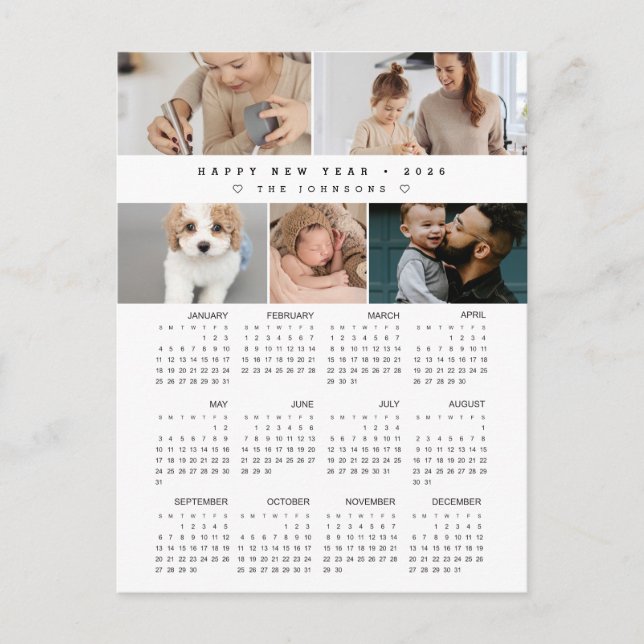 Collage Family Photos Happy New Year 2026 Calendar Holiday Postcard (Front)