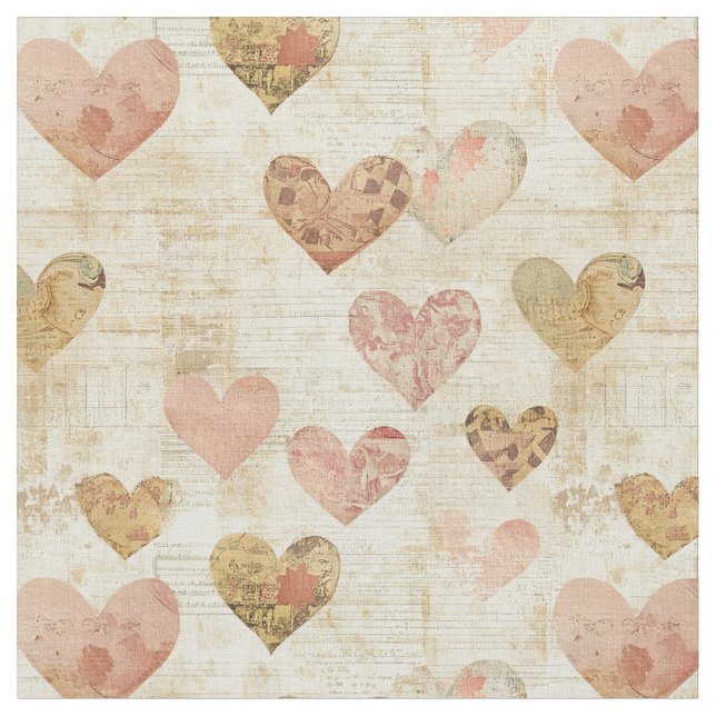 Collage Hearts on Handwritten Paper Fabric (Close Up)