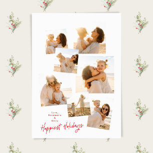 Collage Minimal Simple Red Multi 7 Photo Happiest Holiday Card