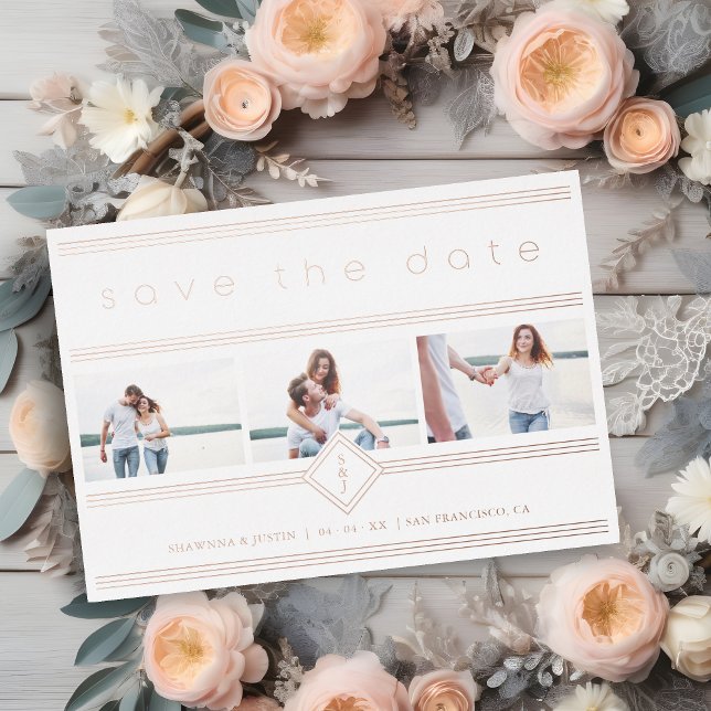 Collage Minimalist 3 Photos Couple Wedding Initial (Collage Minimalist 3 Photos Couple Wedding Initials Real Metallic Foil Save the Date Card.)