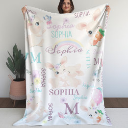 Collage Name Watercolor Bunnies Fleece Blanket