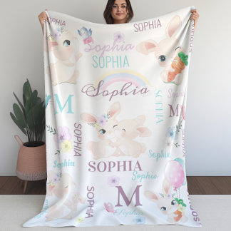 Collage Name Watercolor Bunnies Fleece Blanket