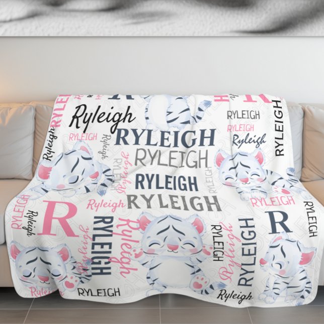 Collage Name White Tigers with Name Pattern Fleece Blanket (Collage Name White Tigers with Name Pattern Fleece Blanket)