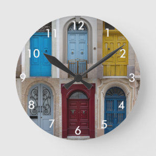 Collage of colourful front doors round clock
