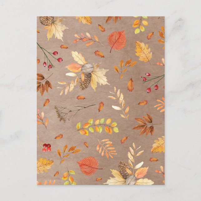 Collage of fall leaves on brown postcard (Front)