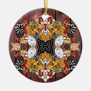 Collage of Hand Drawn Funny Chickens Ceramic Ornam Tree Decoration