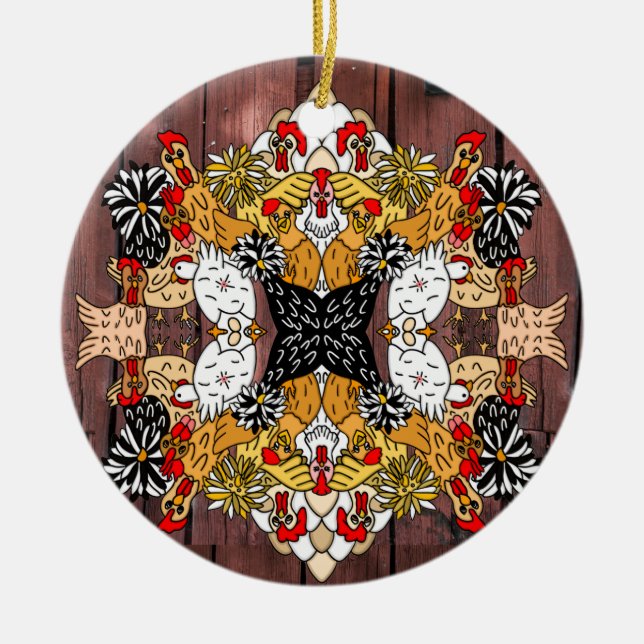 Collage of Hand Drawn Funny Chickens Ceramic Ornam Tree Decoration (Front)